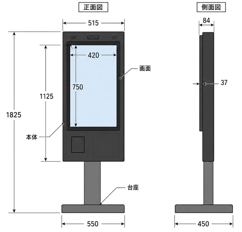自立型キオスクの寸法図