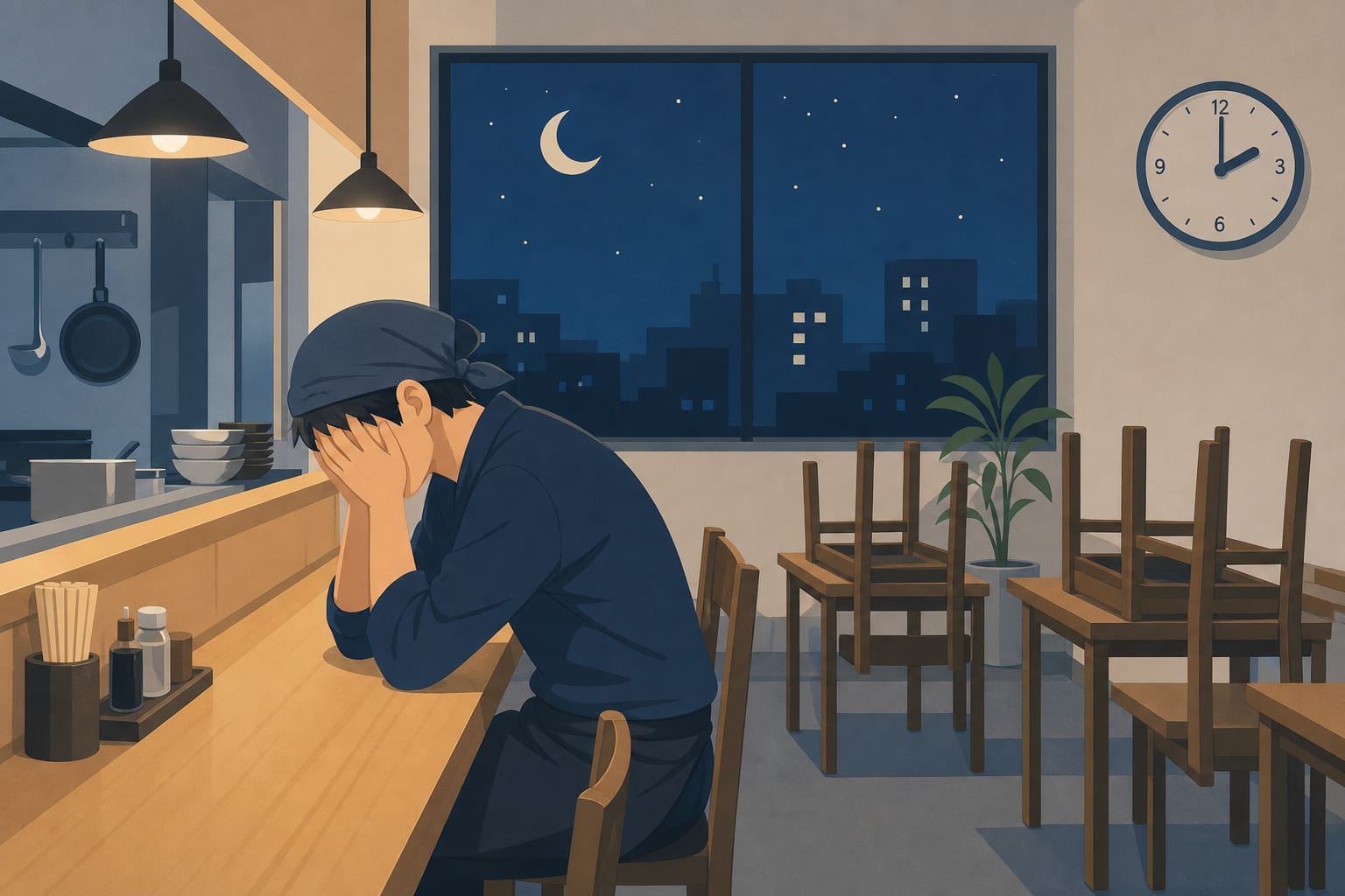 24時間営業は夢のまま - 深夜の店で一人疲れた店主がカウンターに座っている