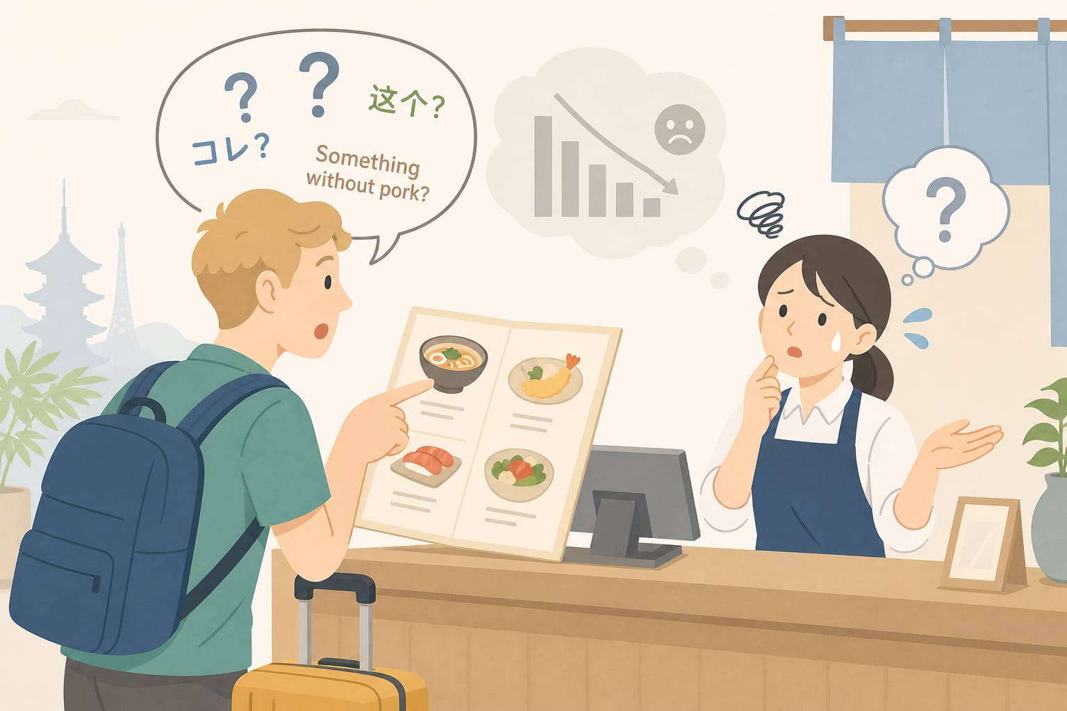 外国人客に対応できない - 旅行者と店員が言葉が通じず困惑している