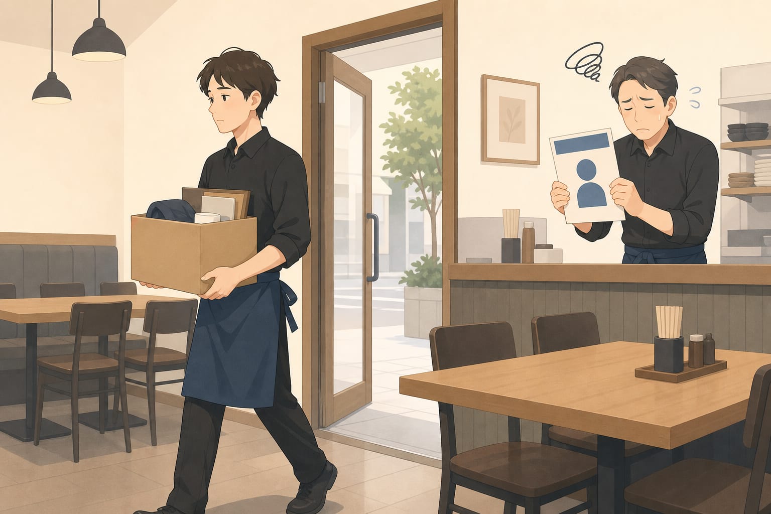 採用してもすぐ辞める - 店員が箱を持って退職し、店長が求人票を持って困っている