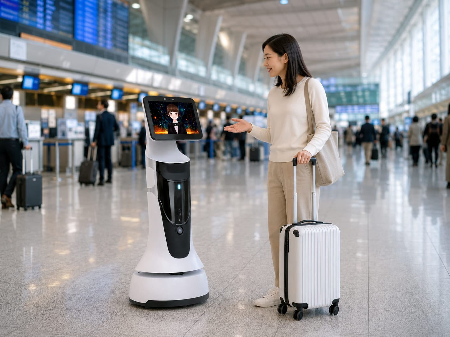 AIアバターを搭載した案内ロボットが空港で旅行者を案内する様子